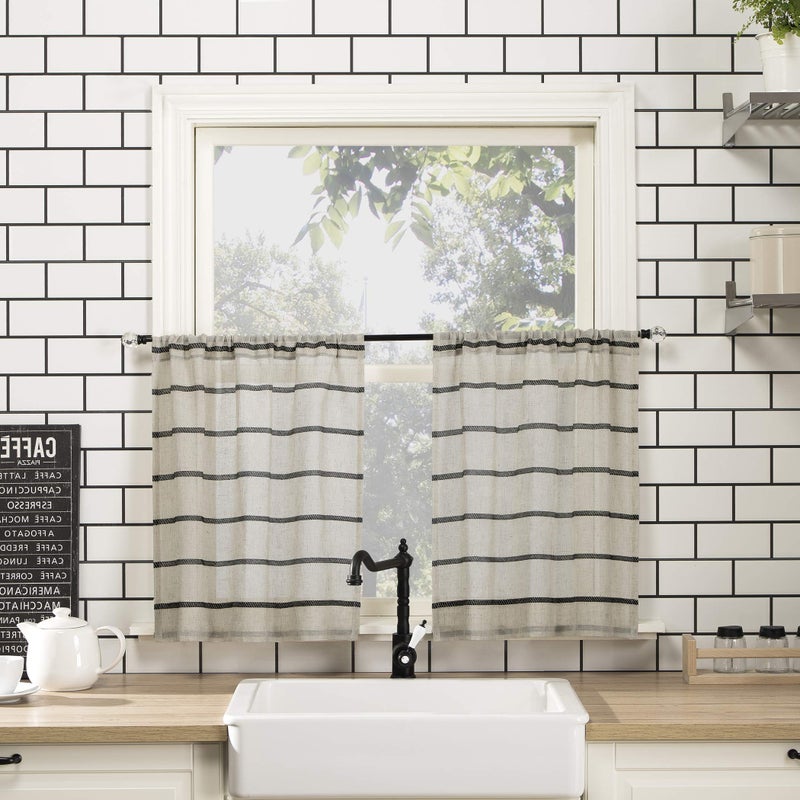 Clean Window Twill Stripe Anti-Dust Allergy/Pet Friendly Anti-Dust Sheer Cafe Curtain, 52" x 24, Black/Linen - Image 1